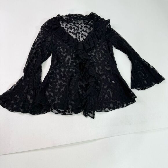 Boston Proper Cardigan Women  Whimsigoth Bell Sleeve Lace Sheer Vampy Ruffles - Picture 1 of 11